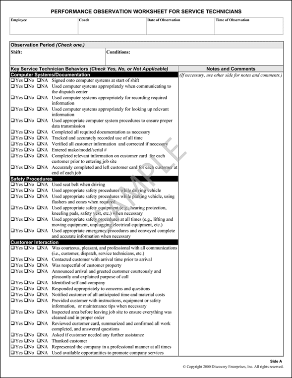 Performance Observation Worksheet Sample Page 1