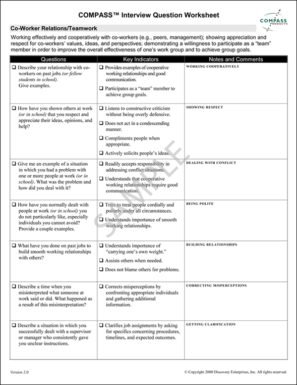 Structured Interview Question Worksheet Sample